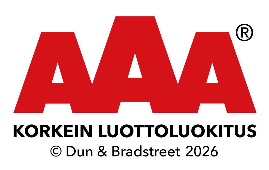 Punainen AAA-luottoluokituslogo, jossa teksti "Korkein luottoluokitus" ja "Dun & Bradstreet 2026".