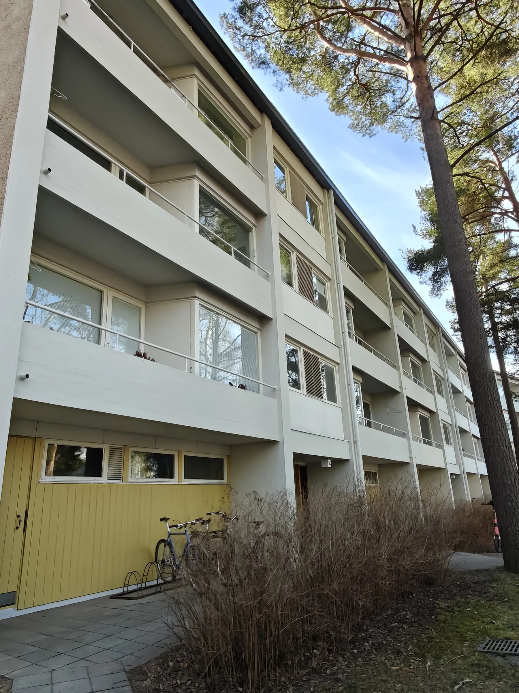 Vaaleanharmaa kerrostalo, jossa on parvekkeet, keltainen ulkorakennus, polkupyöriä ja puita aurinkoisena päivänä.