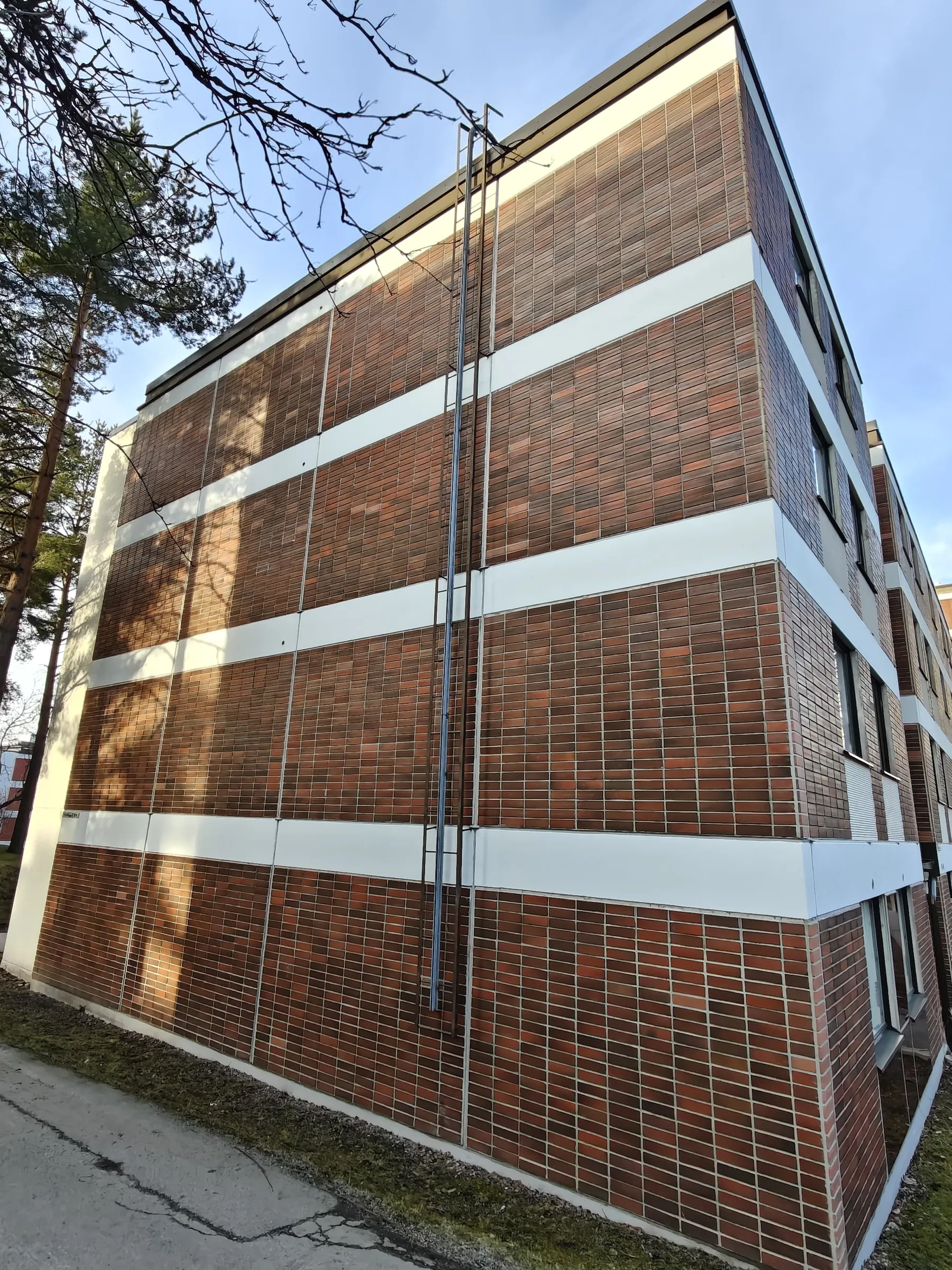 Ruskea tiilitalo, valkoiset raidat, metallinen palotikkaat, puita ja sininen taivas.